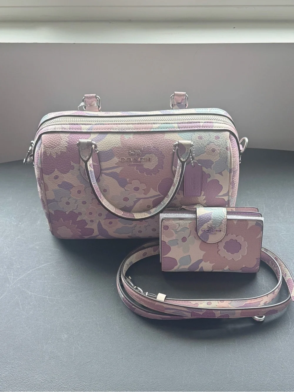 COACH Signature Canvas Satchel Wallet Set w/ Floral Print In Silver/Ivory/Purple - Picture 1 of 9